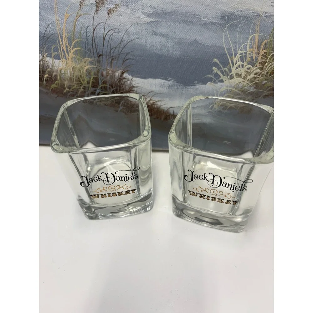 Jack Daniels Whiskey Shot Glasses‎ Set of 2 Square Tapered Clear Barware Logo